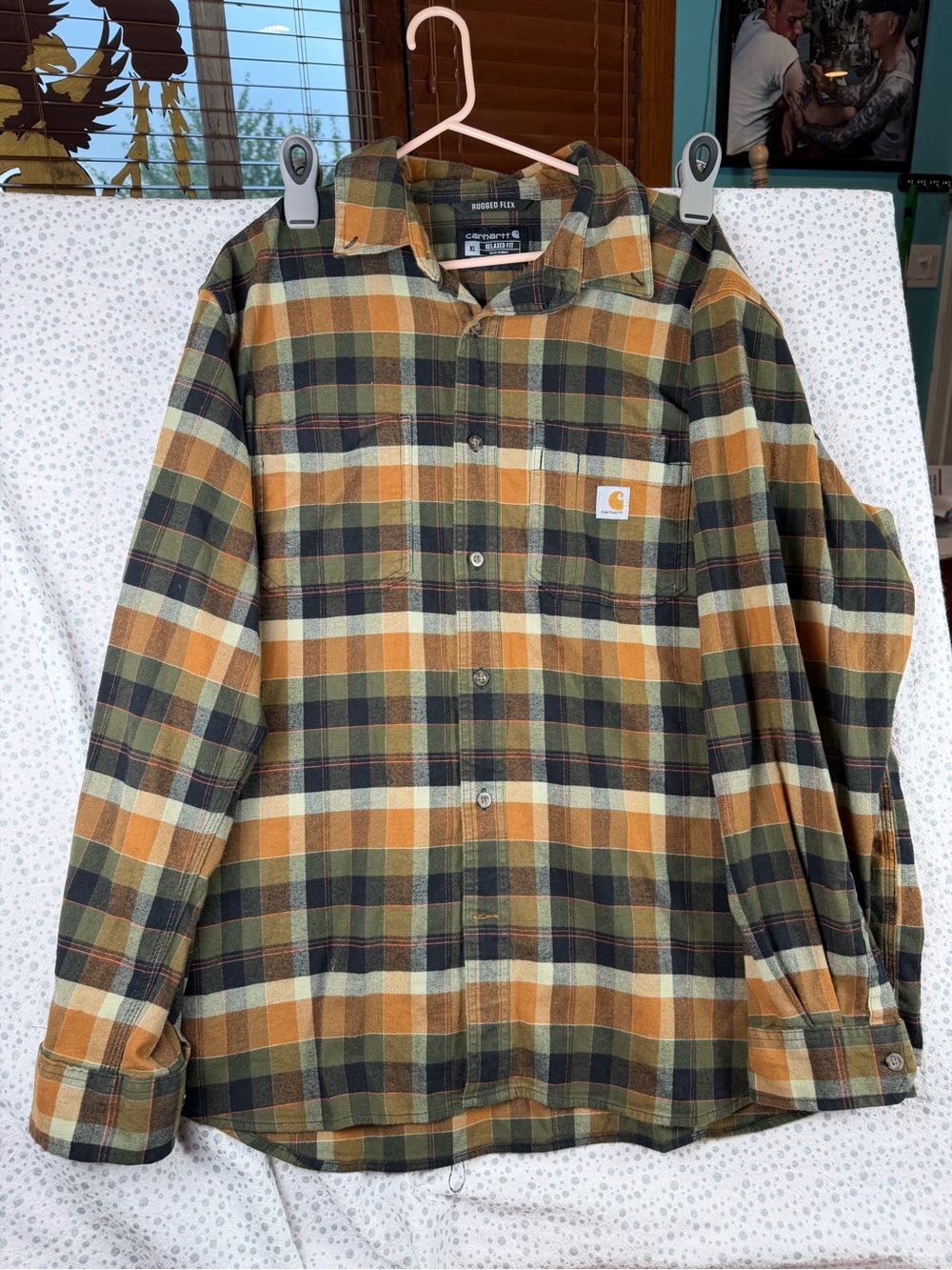 Carhartt flannel plaid, rugged flex, relaxed fit in Olive, Tan & Cream XL